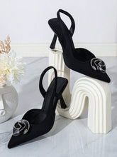 Fashionable Women's Black Square High-Heeled Pointed-Toe Shoe With Flower Decoration And Rhinestone